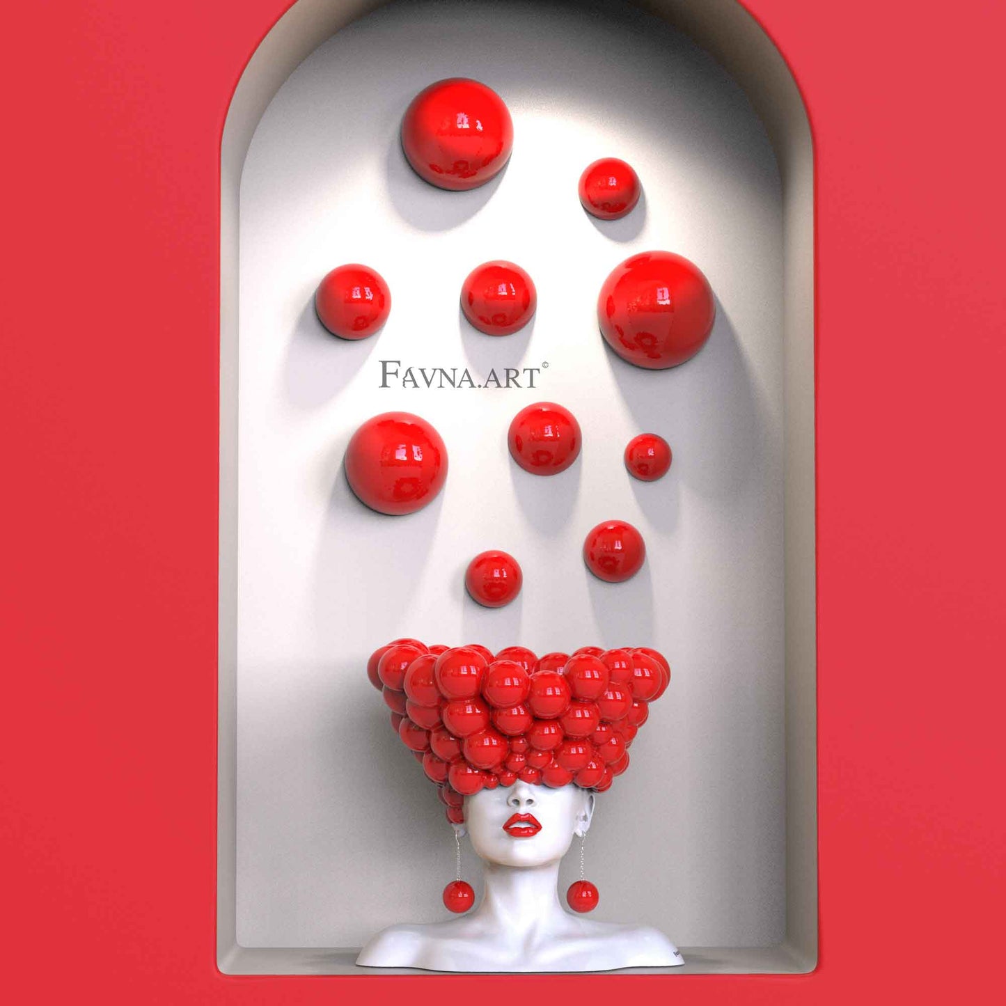 Conceptual sculpture "Thoughts" with bubble wall art – Artistic composition set for living room, red polka dots interior design