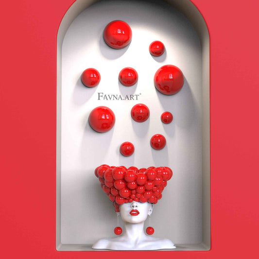 Conceptual sculpture "Thoughts" with bubble wall art – Artistic composition set for living room, red polka dots interior design