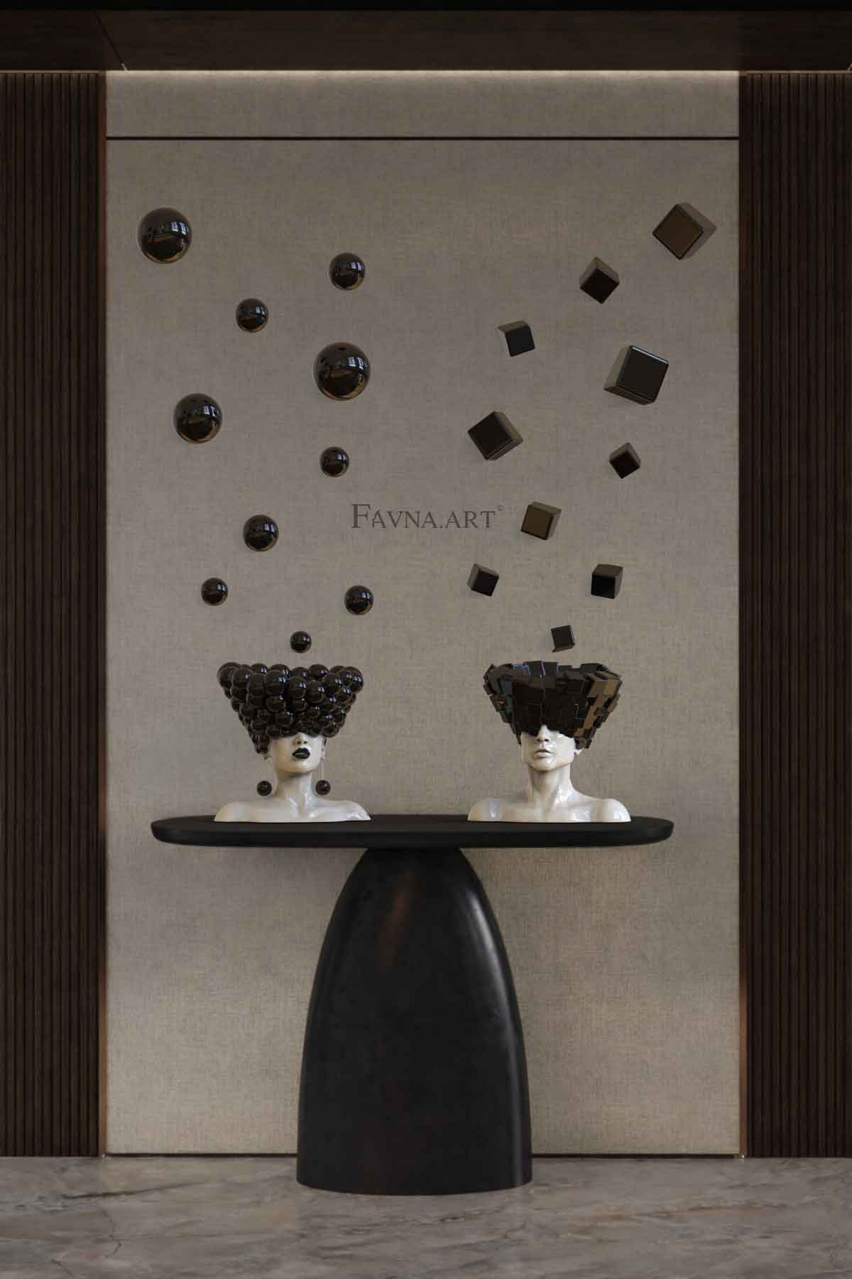 Conceptual Art Object “Thoughts” — Man and Woman Sculptures with Wall Art Spheres and Cubes black