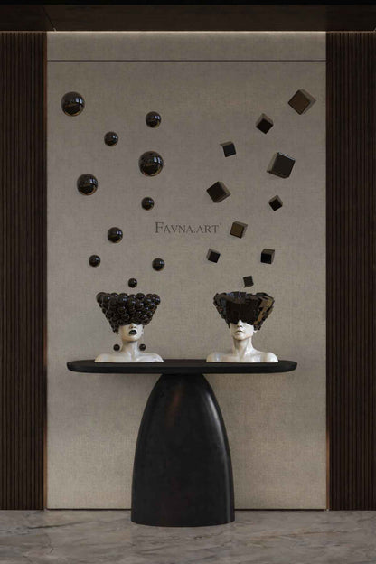 Conceptual Art Object “Thoughts” — Man and Woman Sculptures with Wall Art Spheres and Cubes black