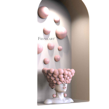 Conceptual Art Composition  “Thoughts”, Wall Art- Sculpture and wall-mounted half-spheres in sky pink colour.