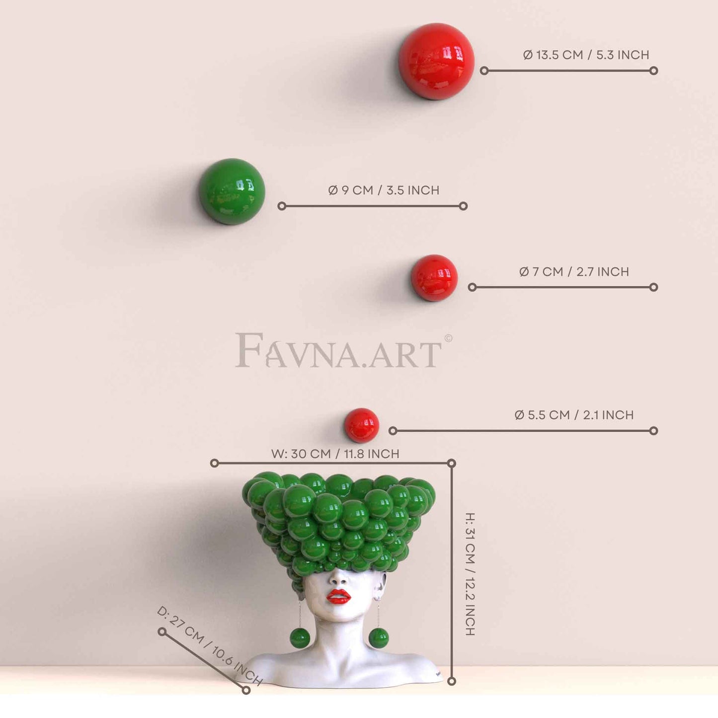 Conceptual Art Composition  “Thoughts”, Wall Art- Sculpture and wall-mounted half-spheres green