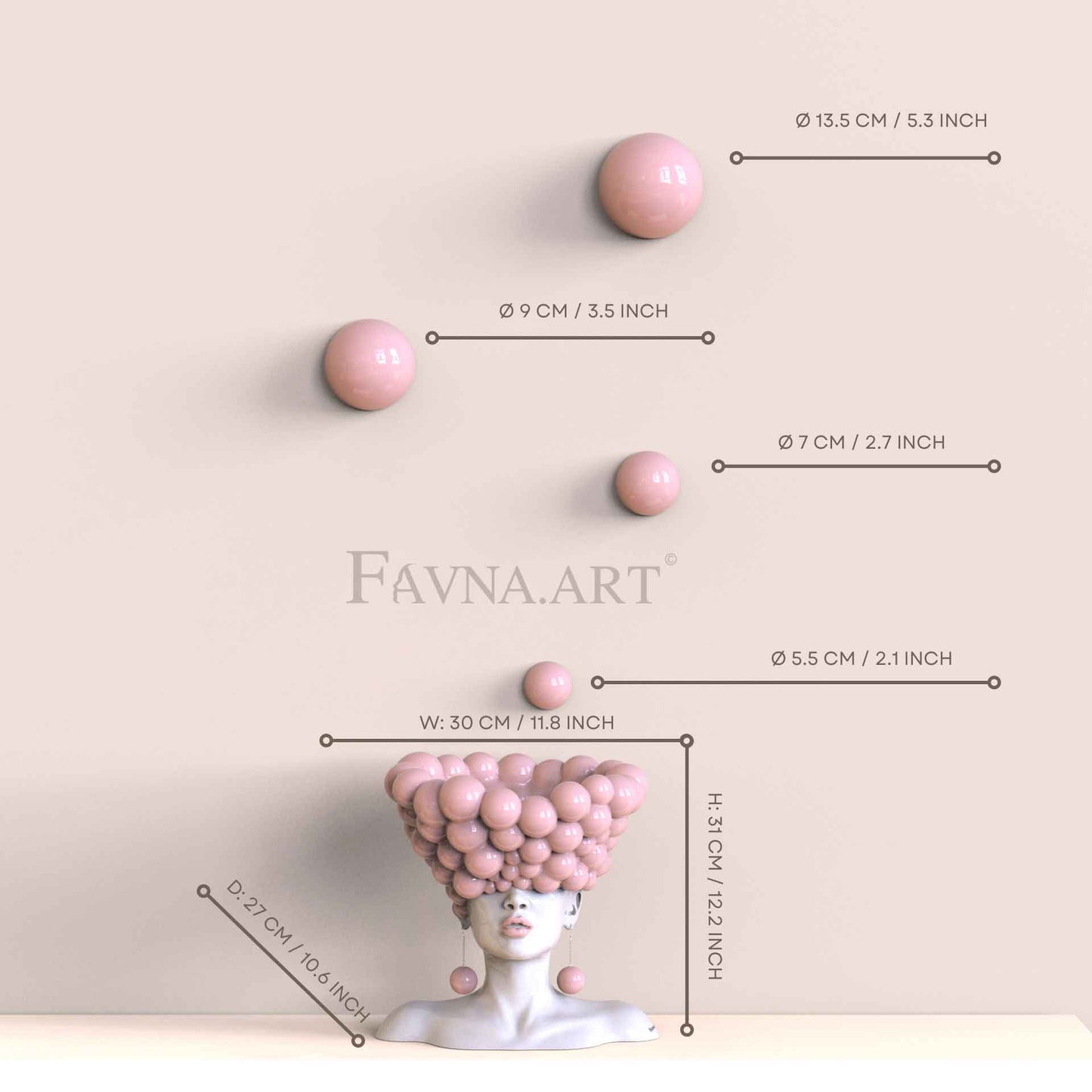 Conceptual Art Composition  “Thoughts”, Wall Art- Sculpture and wall-mounted half-spheres in sky pink colour.