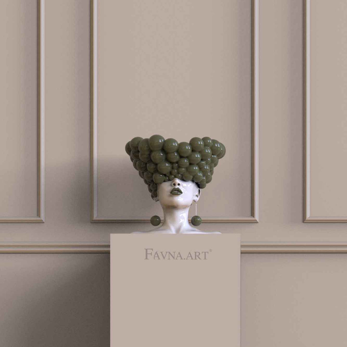 Luxury statement sculpture with an olive green female bust design for a contemporary home interior.