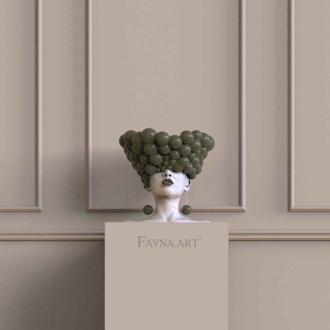 Luxury statement sculpture with an olive green female bust design for a contemporary home interior.
