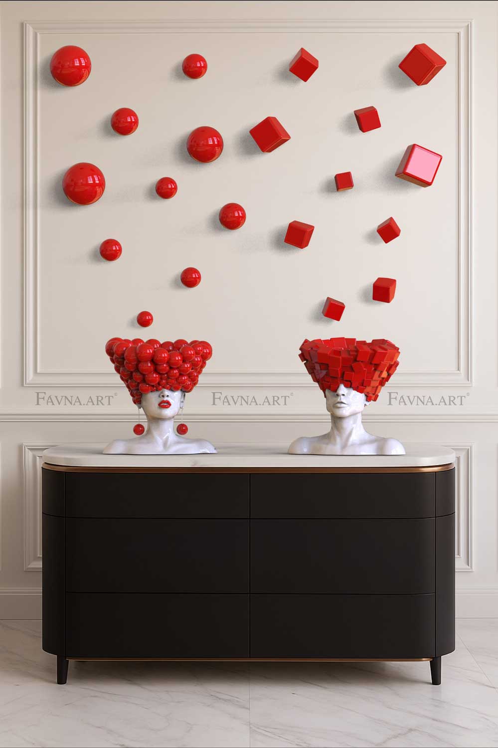 Conceptual Art Object “Thoughts” — Man and Woman Sculptures with Wall Art Spheres and Cubes red