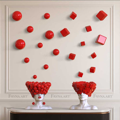 Conceptual Art Object “Thoughts” — Man and Woman Sculptures with Wall Art Spheres and Cubes red