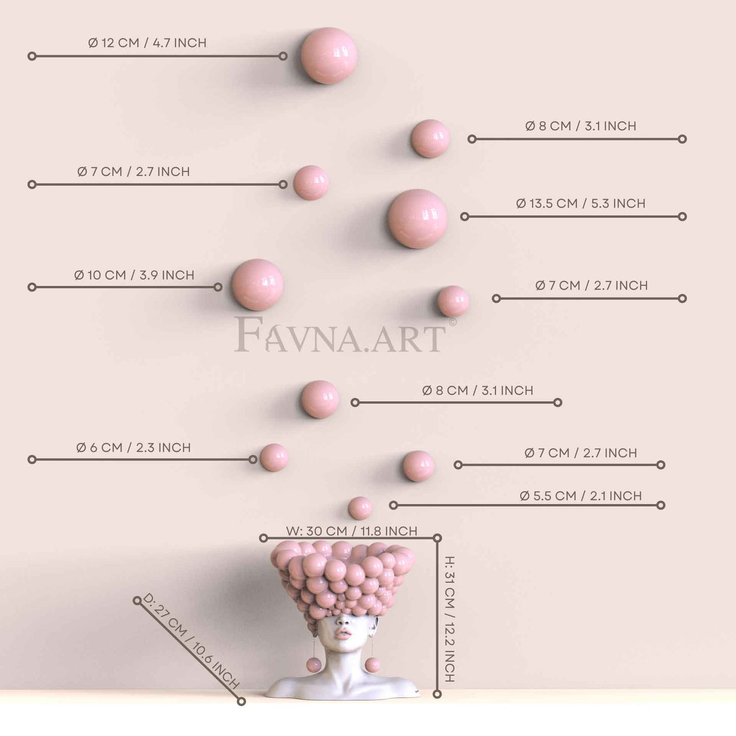 Conceptual Art Composition  “Thoughts”, Wall Art- Sculpture and wall-mounted half-spheres in sky pink colour.