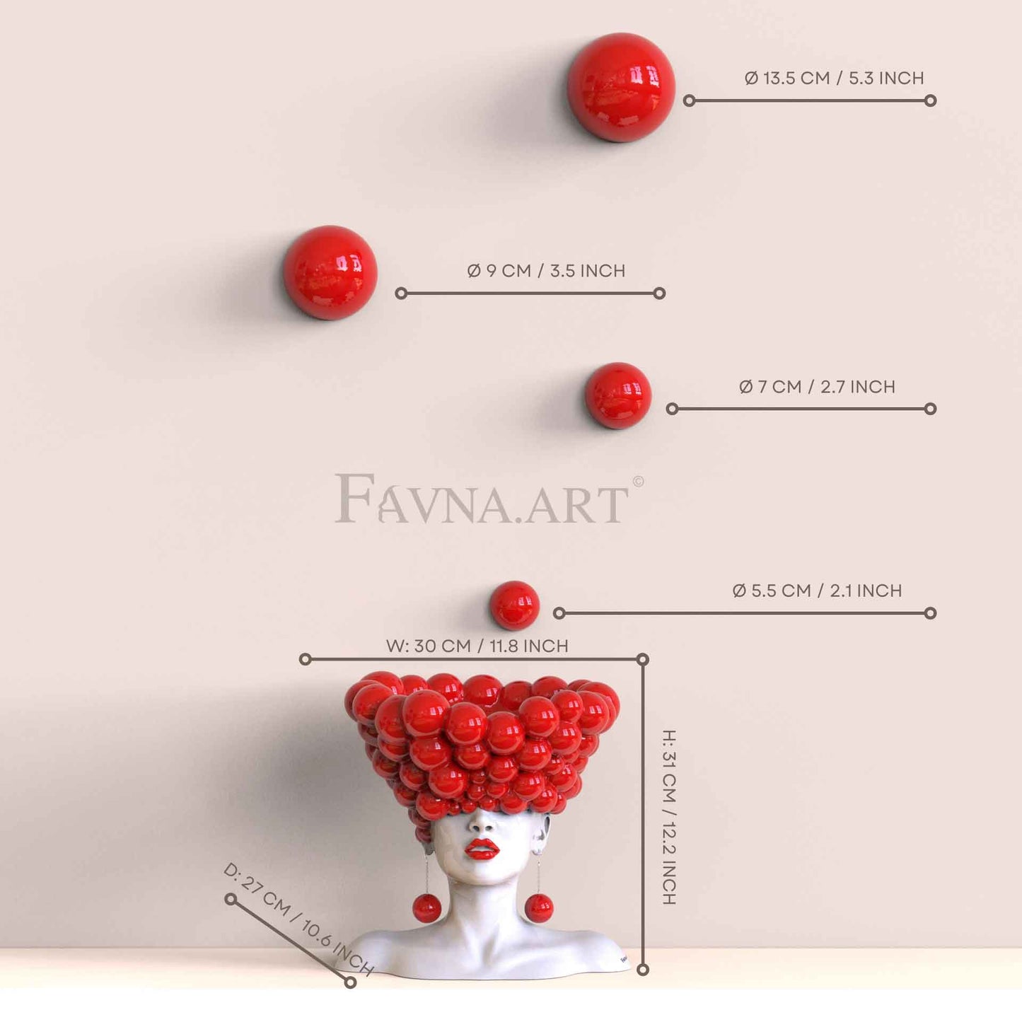 Conceptual sculpture "Thoughts" with bubble wall art – Artistic composition set for living room, red polka dots interior design