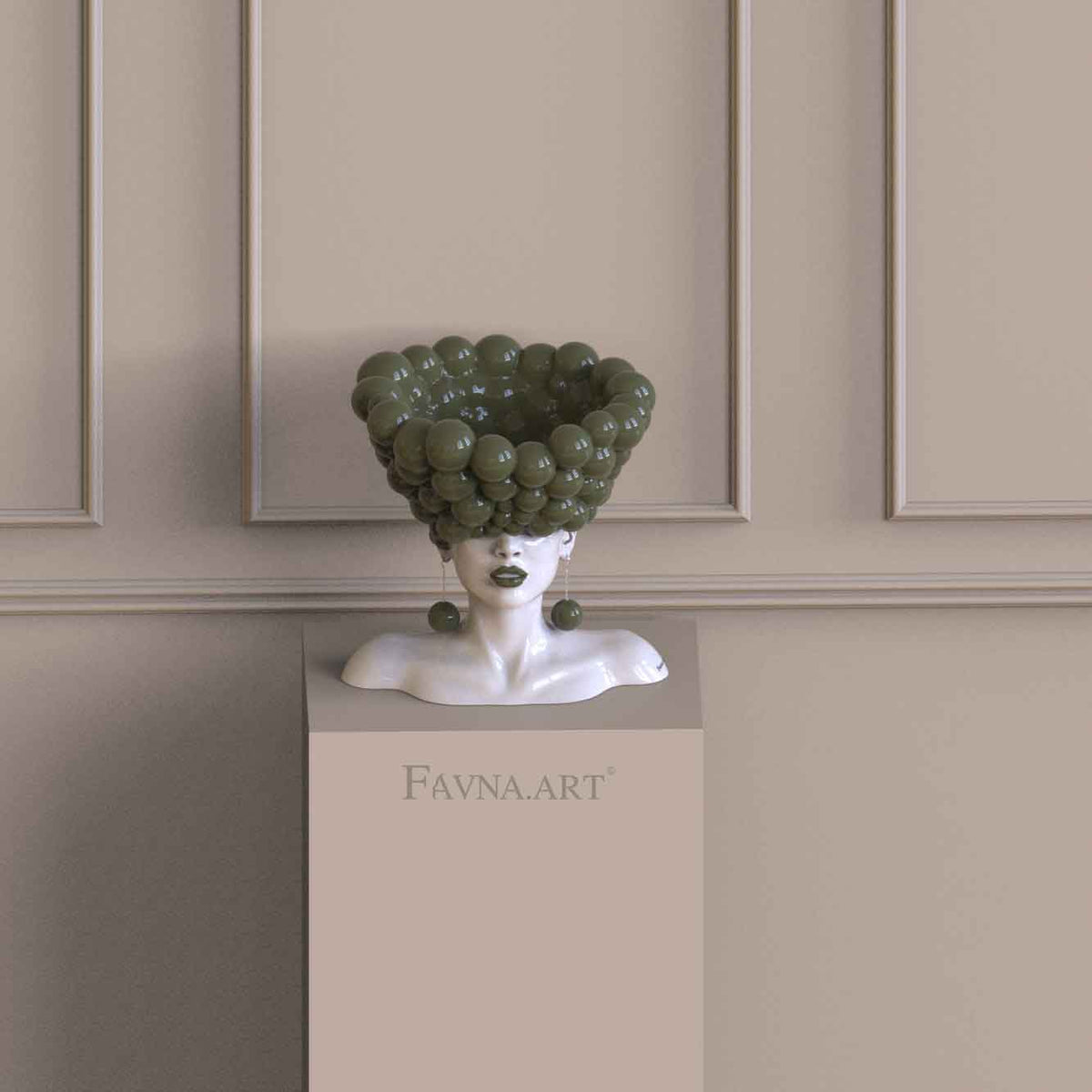 Scultura moderna per soggiorno con il busto femminile «Pensieri» di FAVNA.ART in bianco e verde oliva.