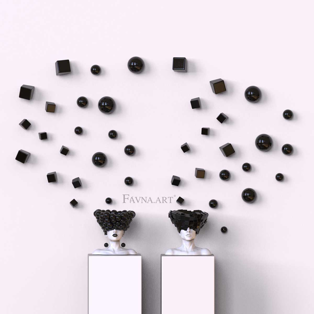 Сomposition sculpturale conceptuelle contemporaine - Pensées, avec 2 sculptures et 40 éléments muraux