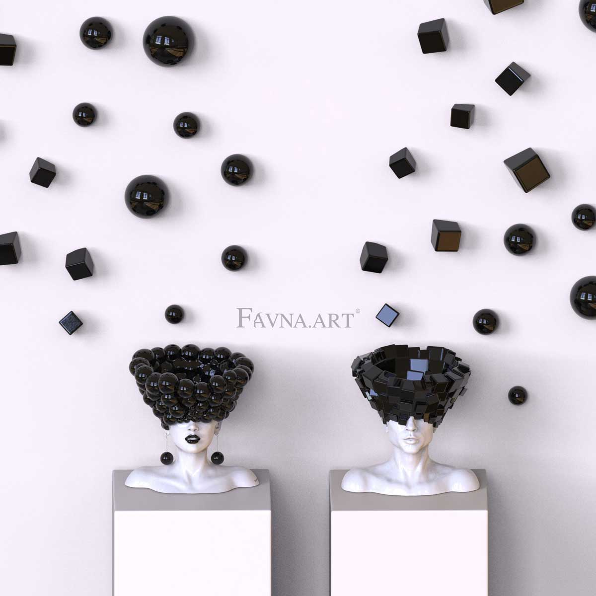 Сomposition sculpturale conceptuelle contemporaine - Pensées, avec 2 sculptures et 40 éléments muraux