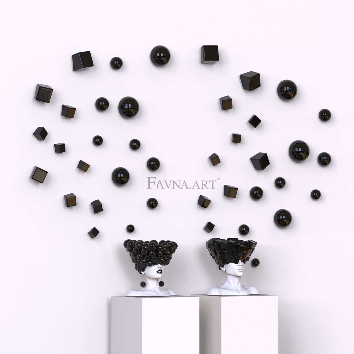 Сomposition sculpturale conceptuelle contemporaine - Pensées, avec 2 sculptures et 40 éléments muraux