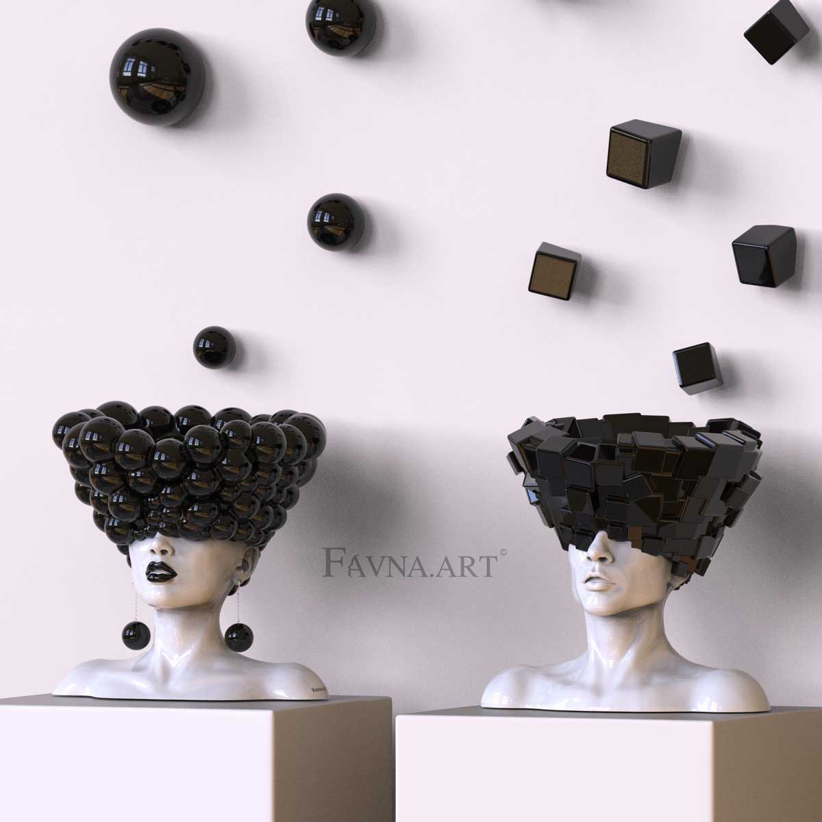 Сomposition sculpturale conceptuelle contemporaine - Pensées, avec 2 sculptures et 40 éléments muraux