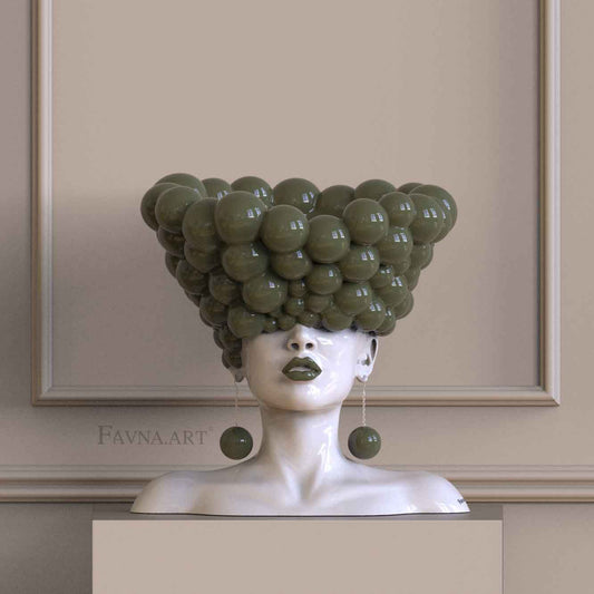 Contemporary female bust sculpture “Thoughts” by FAVNA.ART, front view, with a glossy finish, olive green RAL 6003 spheres, matching lips and sphere earrings.