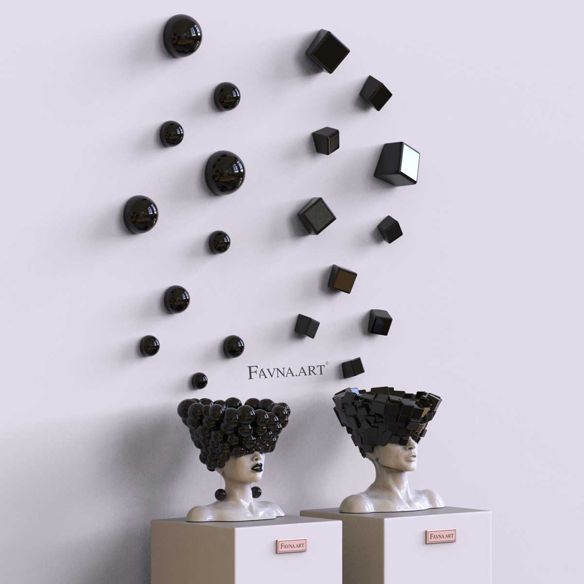 Conceptual Art Object “Thoughts” — Man and Woman Sculptures with Wall Art Spheres and Cubes black
