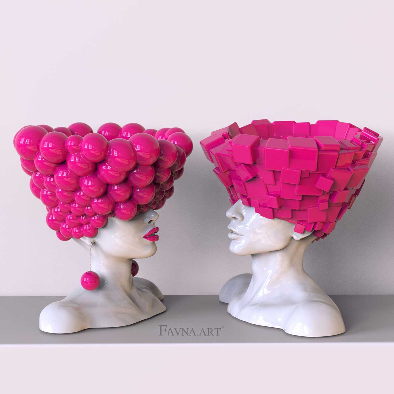 Contemporary sculptures of pinky geometric half sphere bubble and blocks set heads "Thoughts" featuring the brand 'FAVNA ART'
