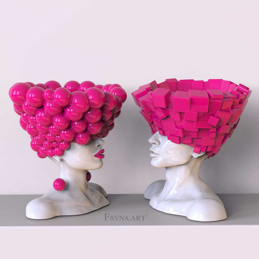 Contemporary sculptures of pinky geometric half sphere bubble and blocks set heads "Thoughts" featuring the brand 'FAVNA ART'
