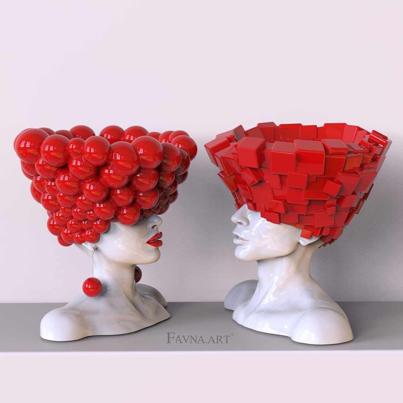 Philosophical art pieces of man and woman white bust with vibrant red globes and bricks, lips and earrings named "Thought" by Italian brand "Favna.Art"