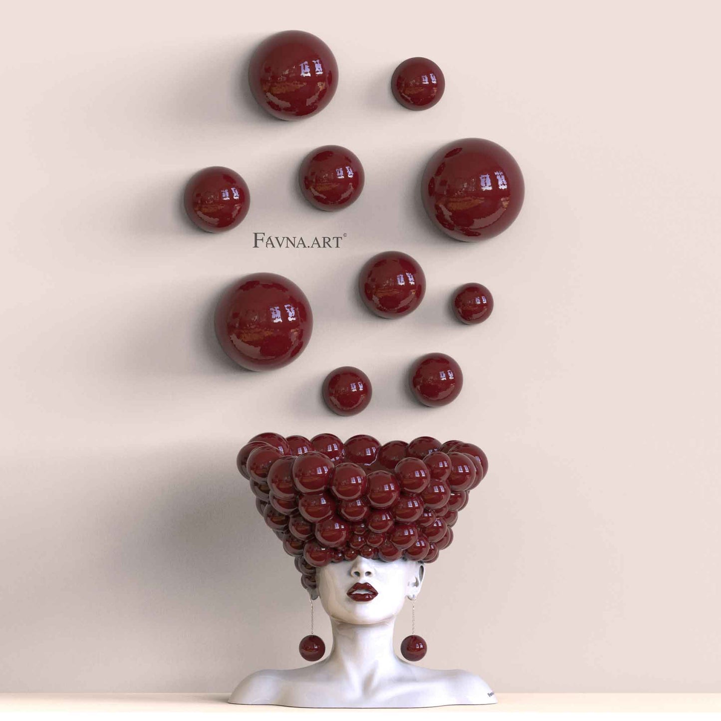 Conceptual sculpture "Thoughts" with bubble wall art – Artistic composition set for living room, red polka dots interior design