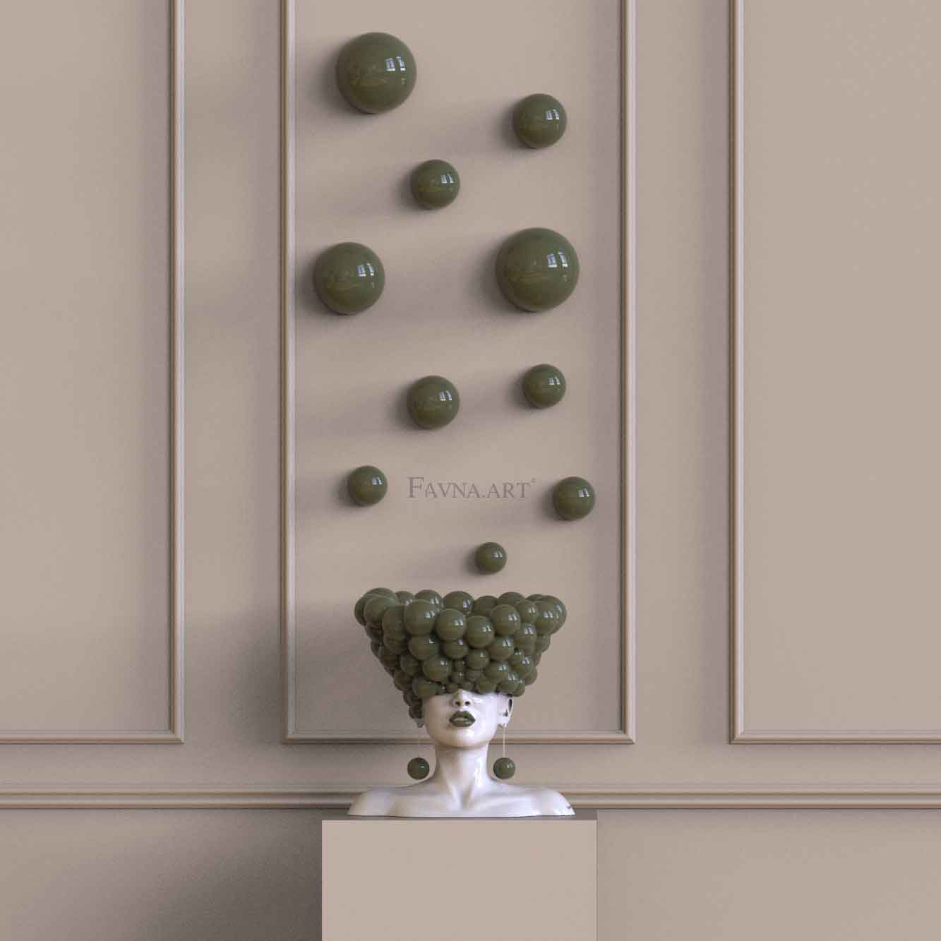 Contemporary wall sculpture composition with the FAVNA.ART “Thoughts” female bust and 10 olive green RAL 6003 wall-mounted hemispheres.