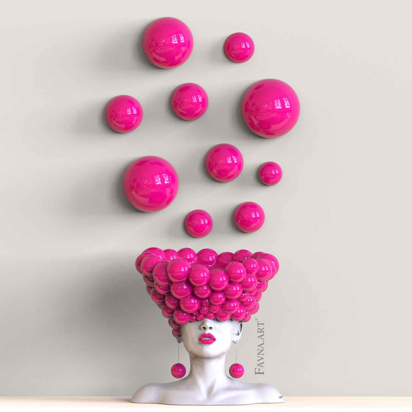 Modern art for living room in barbie pink color, abstract contemporary statue female bust with  wall art balloon  "Thoughts" by Favna art