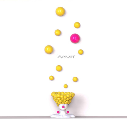 Contemporary female sculpture with yellow & pink wall art hemispheres "Thoughts"
