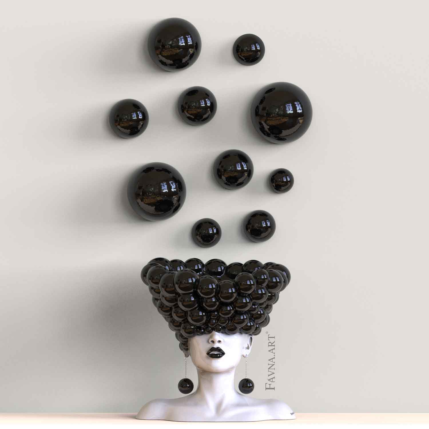 Modern art for living room in black and white, abstract contemporary statue female bust with  wall art balloon  "Thoughts" by Favna art