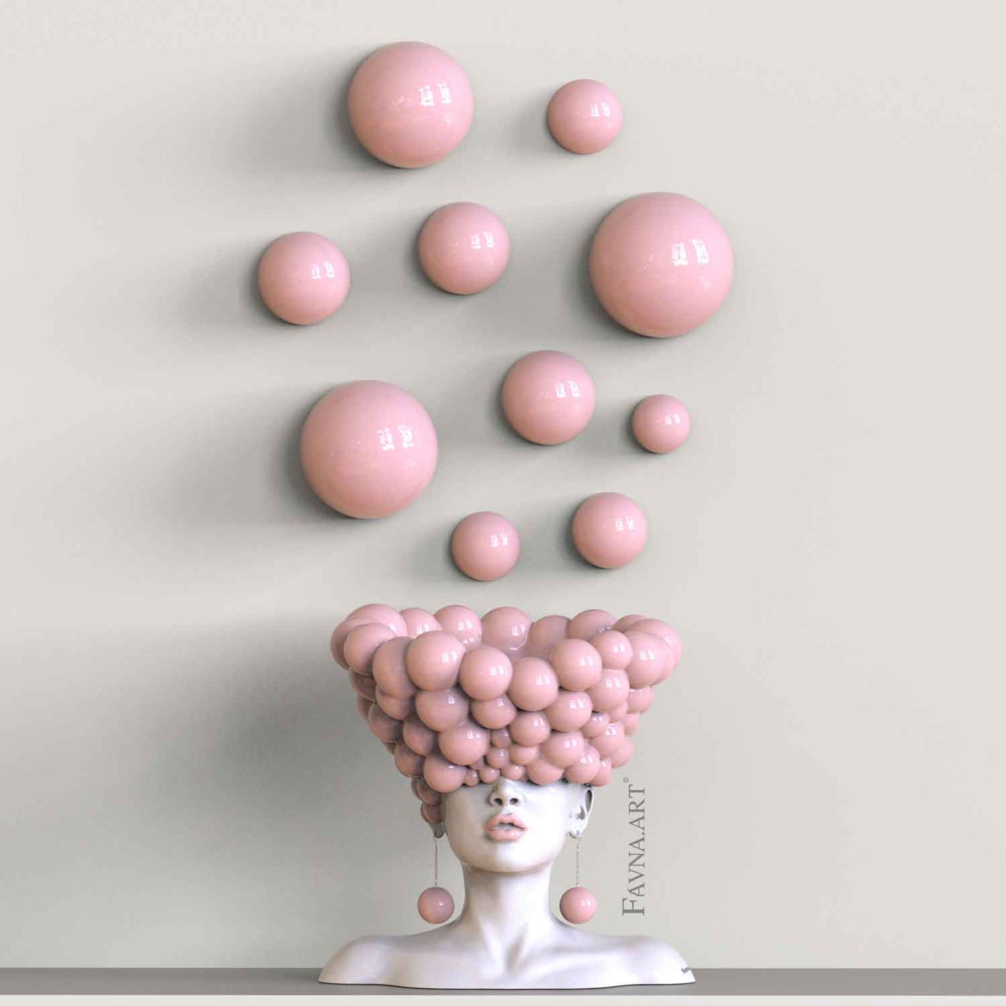 Modern contemporary art for living room in light pink, abstract sculpture bust of woman with balloon wall art  "Thoughts" by Favna art
