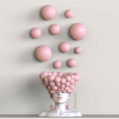 Modern contemporary art for living room in light pink, abstract sculpture bust of woman with balloon wall art  "Thoughts" by Favna art