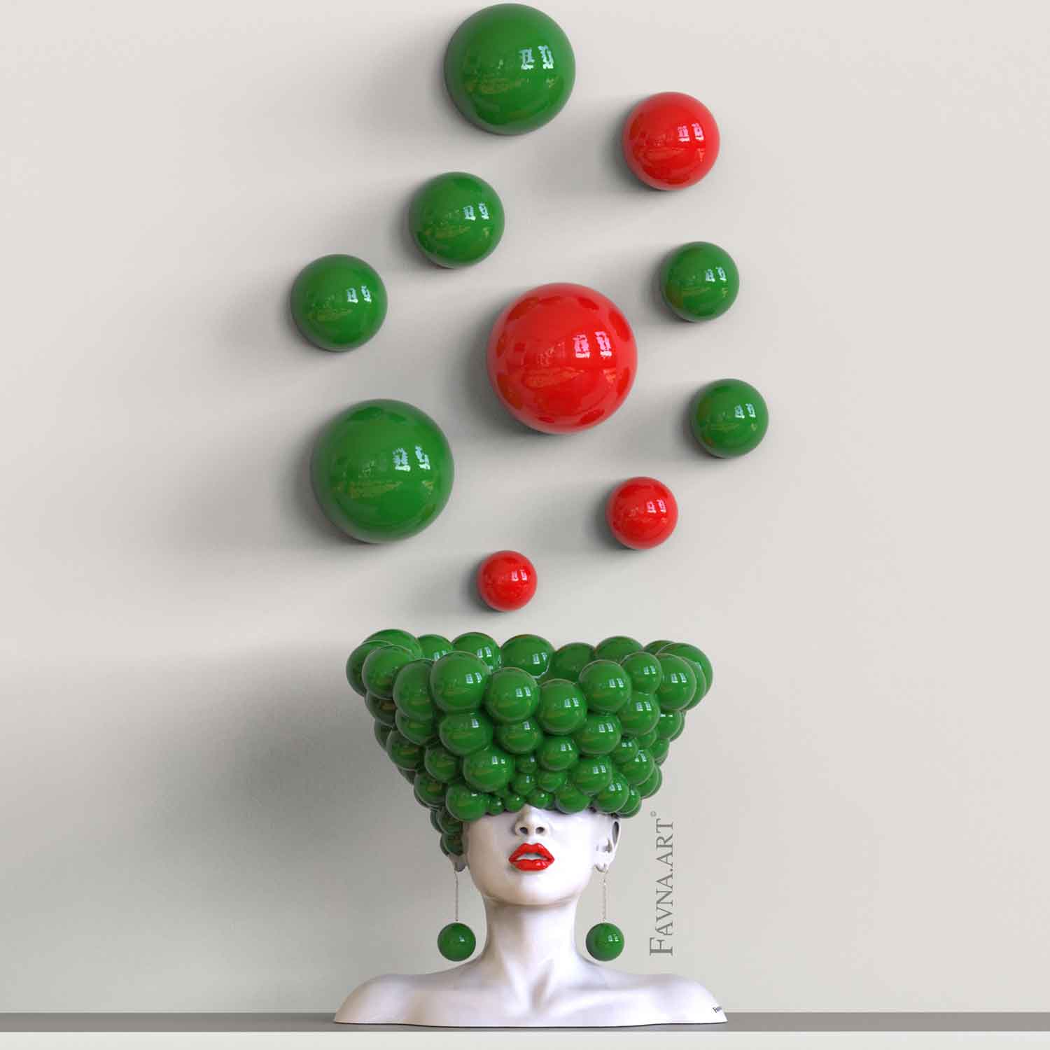 Modern contemporary art for interior in green and red, abstract sculpture bust of woman with balloon wall art  "Thoughts" by Favna art