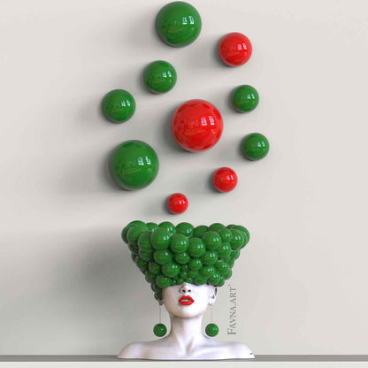 Modern contemporary art for interior in green and red, abstract sculpture bust of woman with balloon wall art  "Thoughts" by Favna art