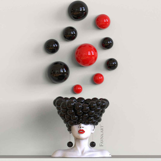 Modern art for living room in black and white and red accent, abstract contemporary statue female bust with  wall art balloon  "Thoughts" by Favna art