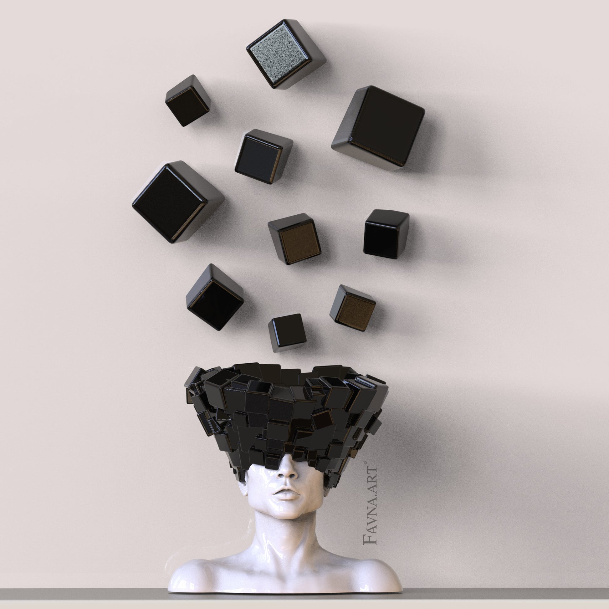 Contemporary art statue for interior, abstract table sculpture bust of man with black cubes wall art "Thoughts" by Fauna art, favna art