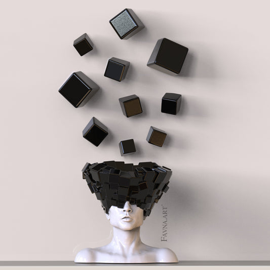Contemporary art statue for interior, abstract table sculpture bust of man with black cubes wall art "Thoughts" by Fauna art, favna art