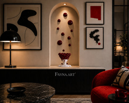 Conceptual sculpture "Thoughts" with bubble wall art – Artistic composition set for living room, red polka dots interior design