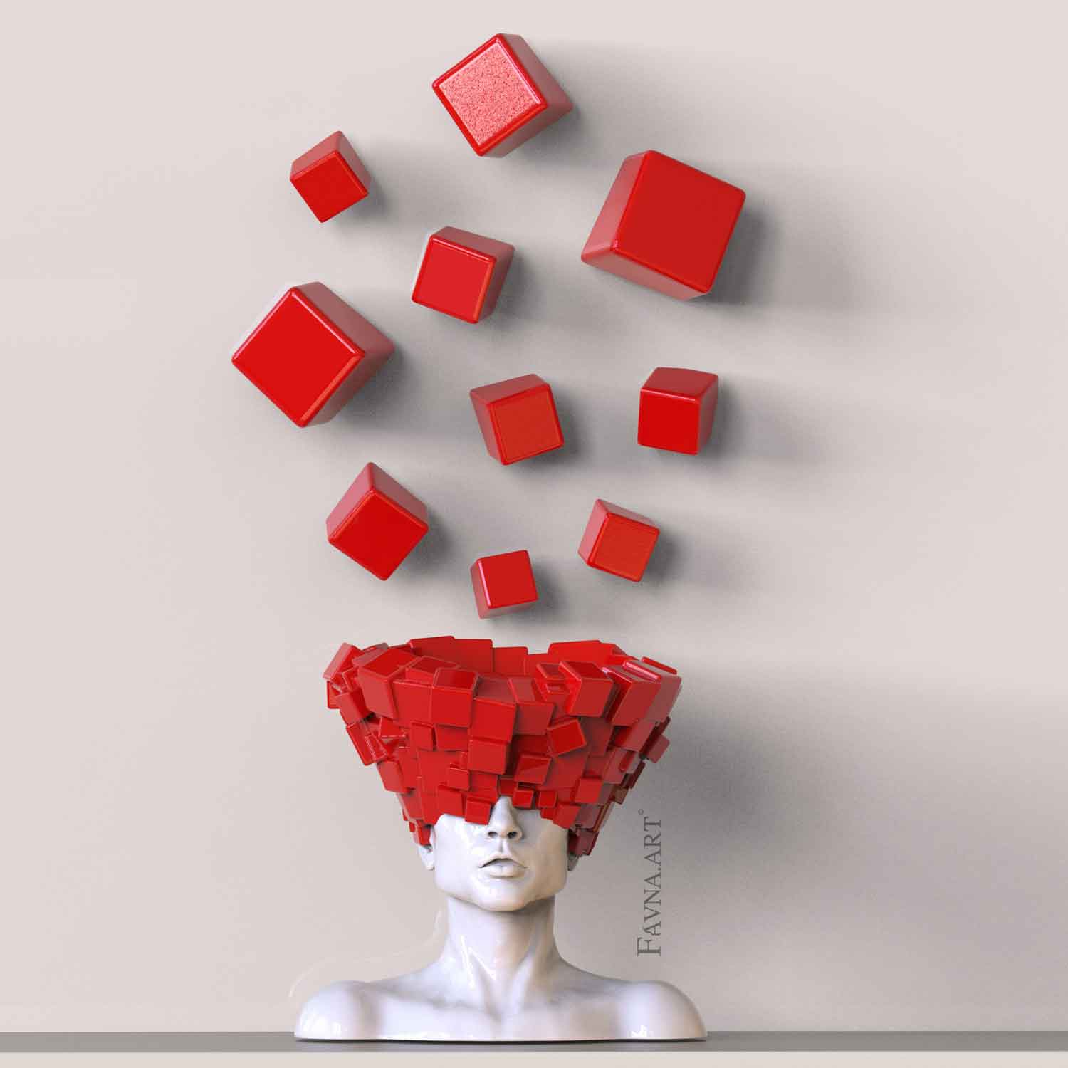 Contemporary art for living room, abstract sculpture bust of man with red cubes wall art  "Thoughts" by Fauna art
