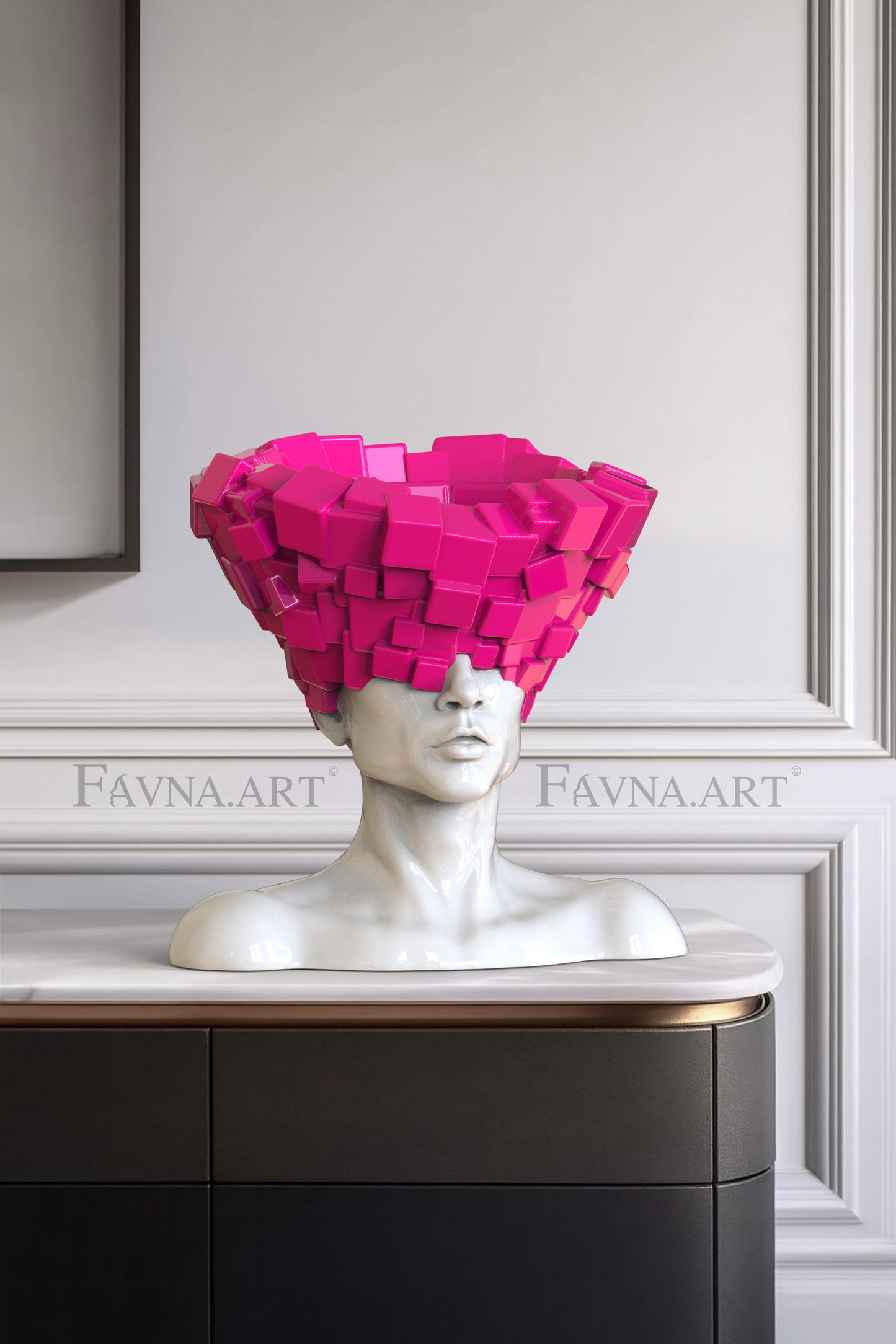 Conceptual Sculpture “Thoughts” — Man. Art Bust, barbie pink color
