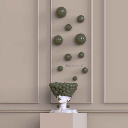 Modern 3D wall art composition combining a contemporary female bust sculpture with 10 decorative wall-mounted hemispheres.
