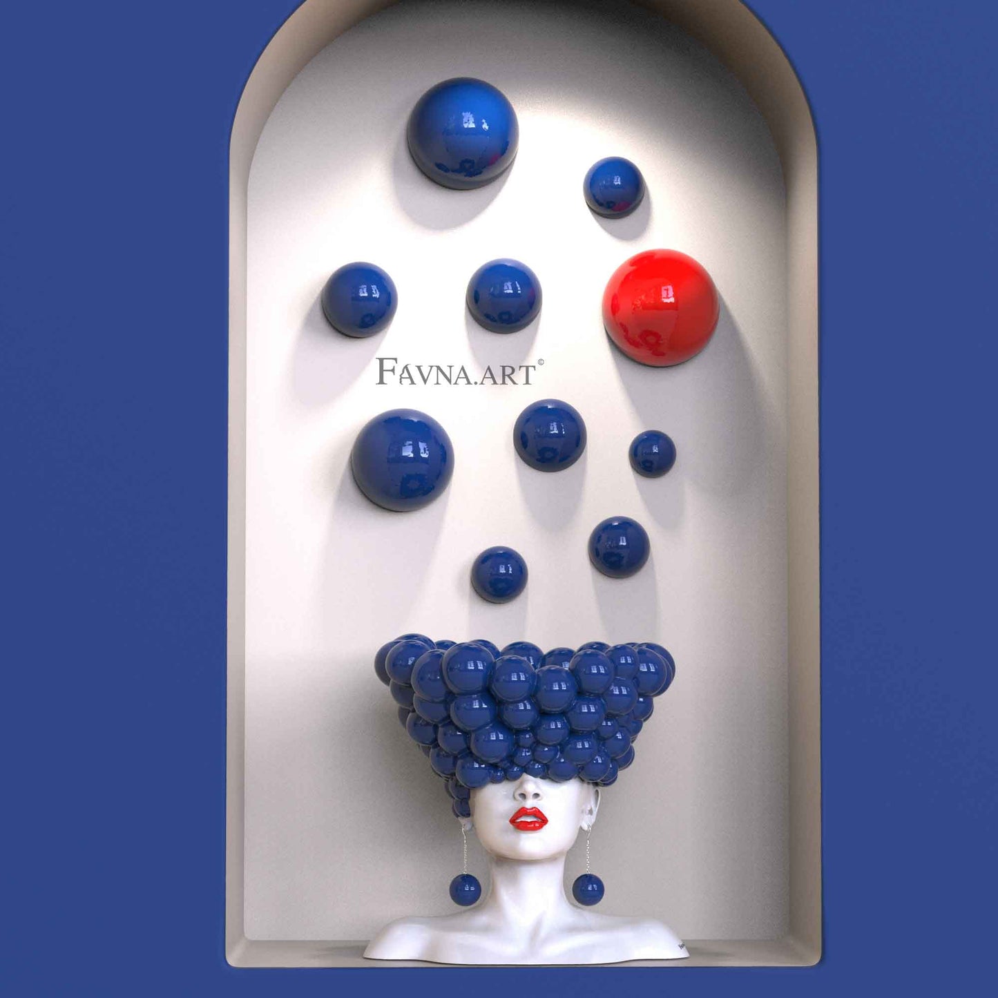 Contemporary sculpture composition “Thoughts” with 10 wall spheres, blue