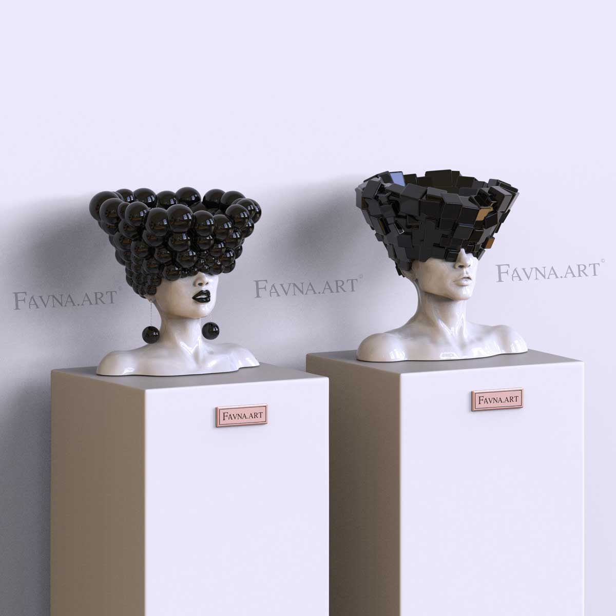 Conceptual abstract sculptural diptych composition “Thoughts” - Man and Woman set “Thoughts” | Abstract art | black and white