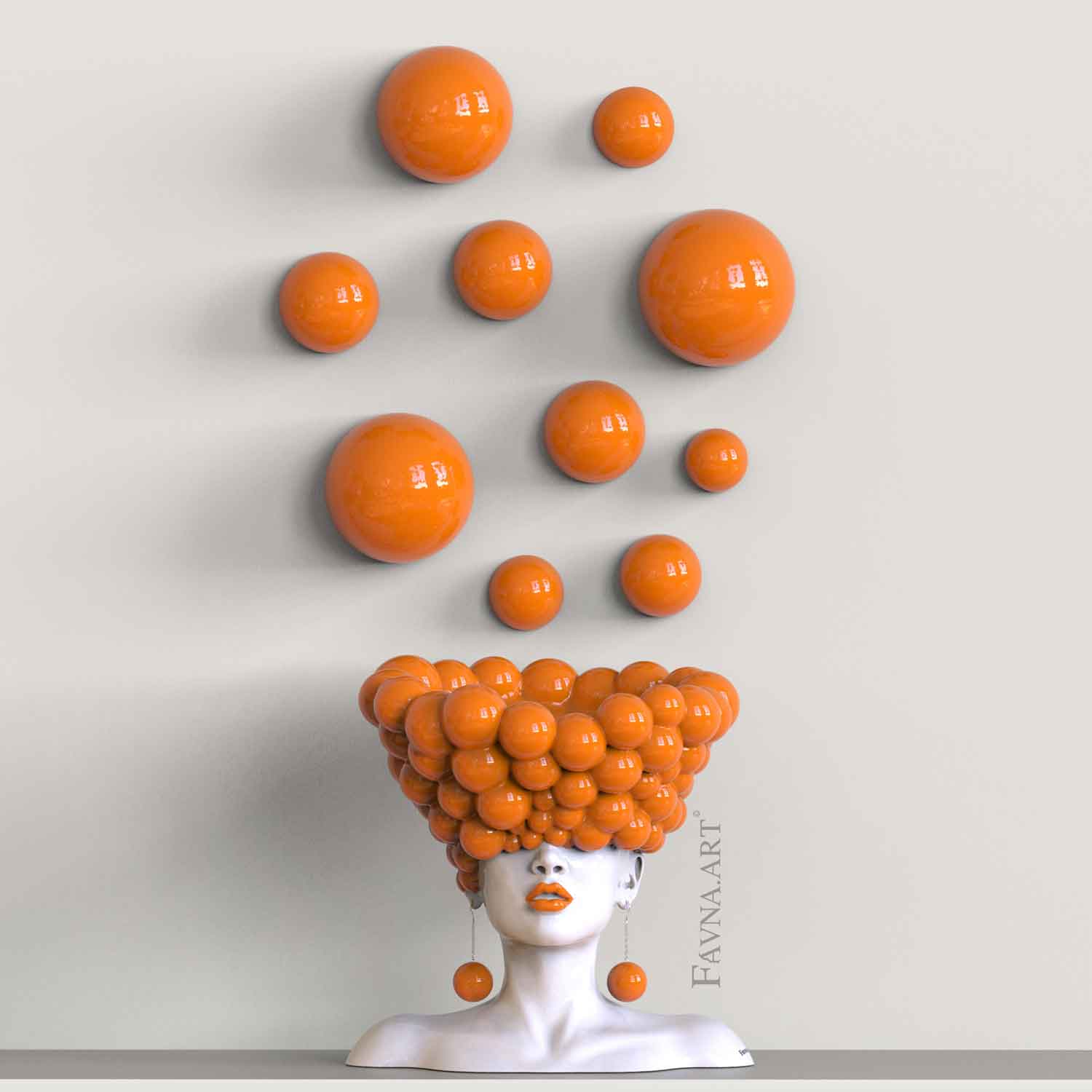 Modern art for living room, abstract contemporary statue female bust with wall art orange balloon  "Thoughts" by Favna art