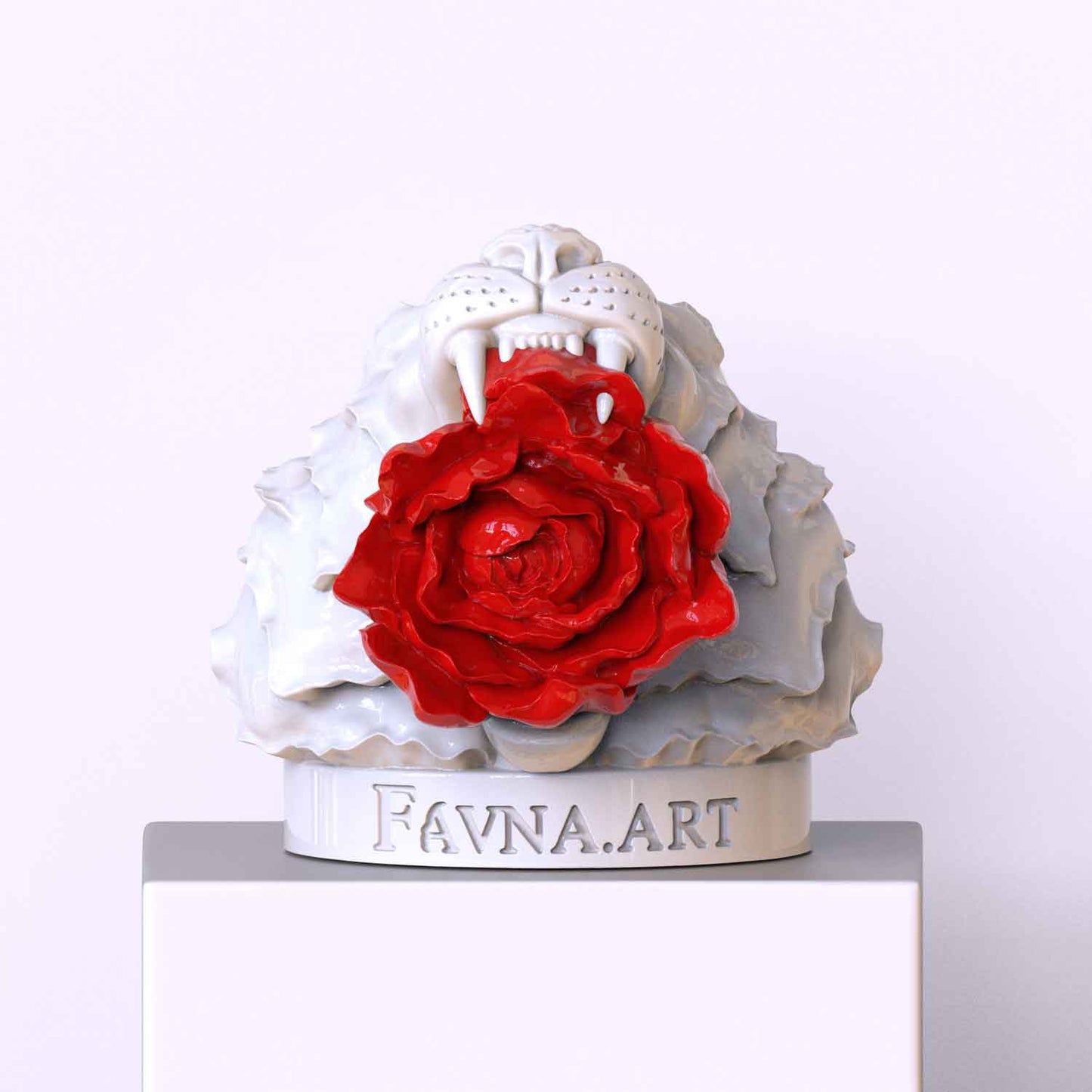 Conceptual figurative art tiger with flower sculpture by favna art