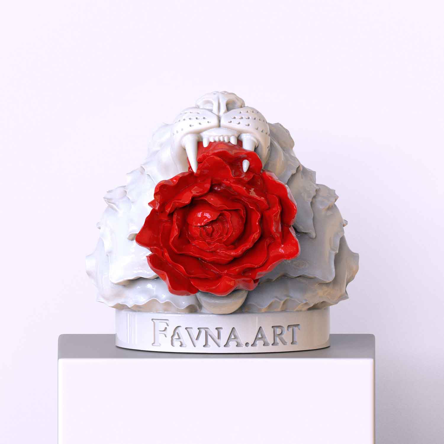 Conceptual figurative art tiger with flower sculpture by favna art