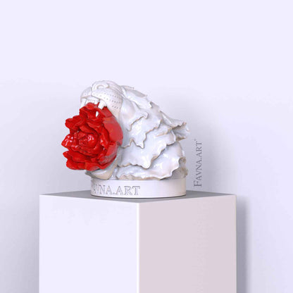 White sculpture of tiger with a red flower for interior on a white pedestal by Favna Art
