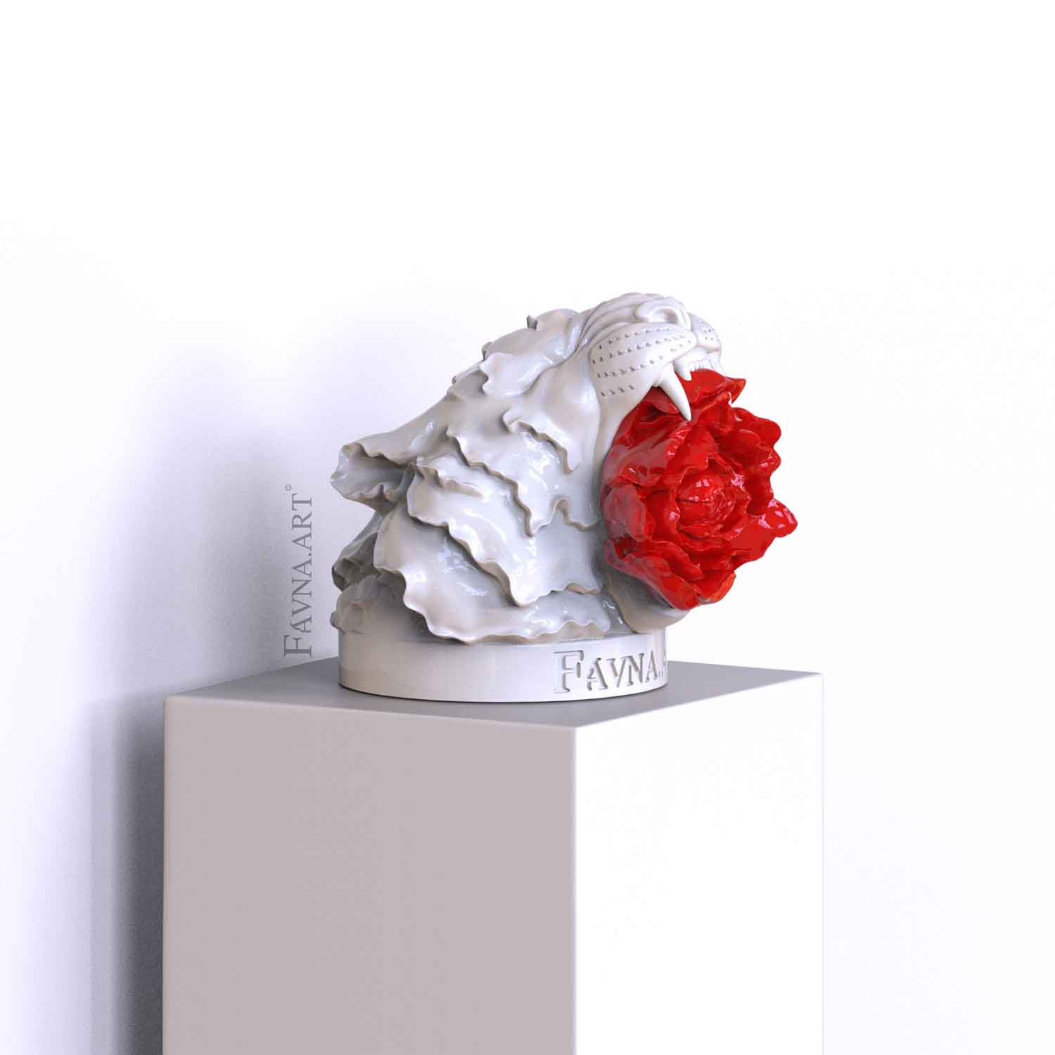 Statue of tiger with a red flower, art for living room by Favna art 