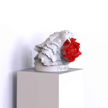 Statue of tiger with a red flower, art for living room by Favna art 