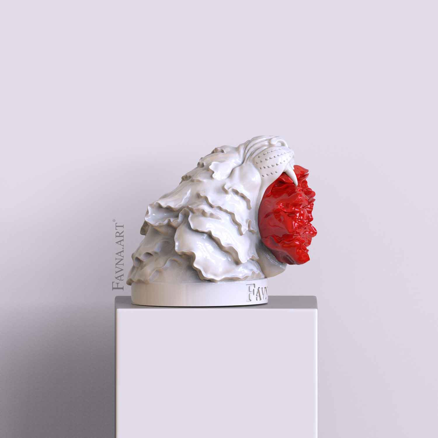 Statement sculpture for modern interior. White and red decor, bust of tiger with flower by FAVNA ART.