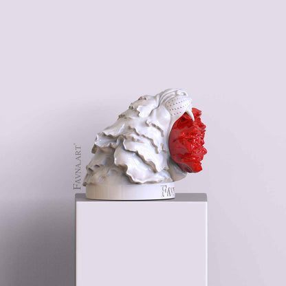 Statement sculpture for modern interior. White and red decor, bust of tiger with flower by FAVNA ART.