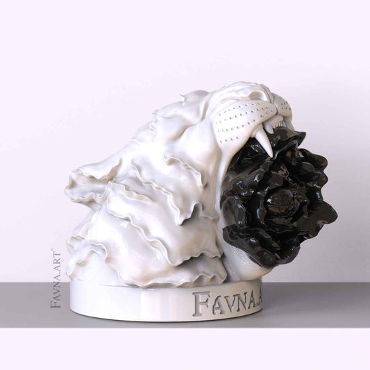 Collectible contemporary art, sculpture of tiger with black flower by favna art